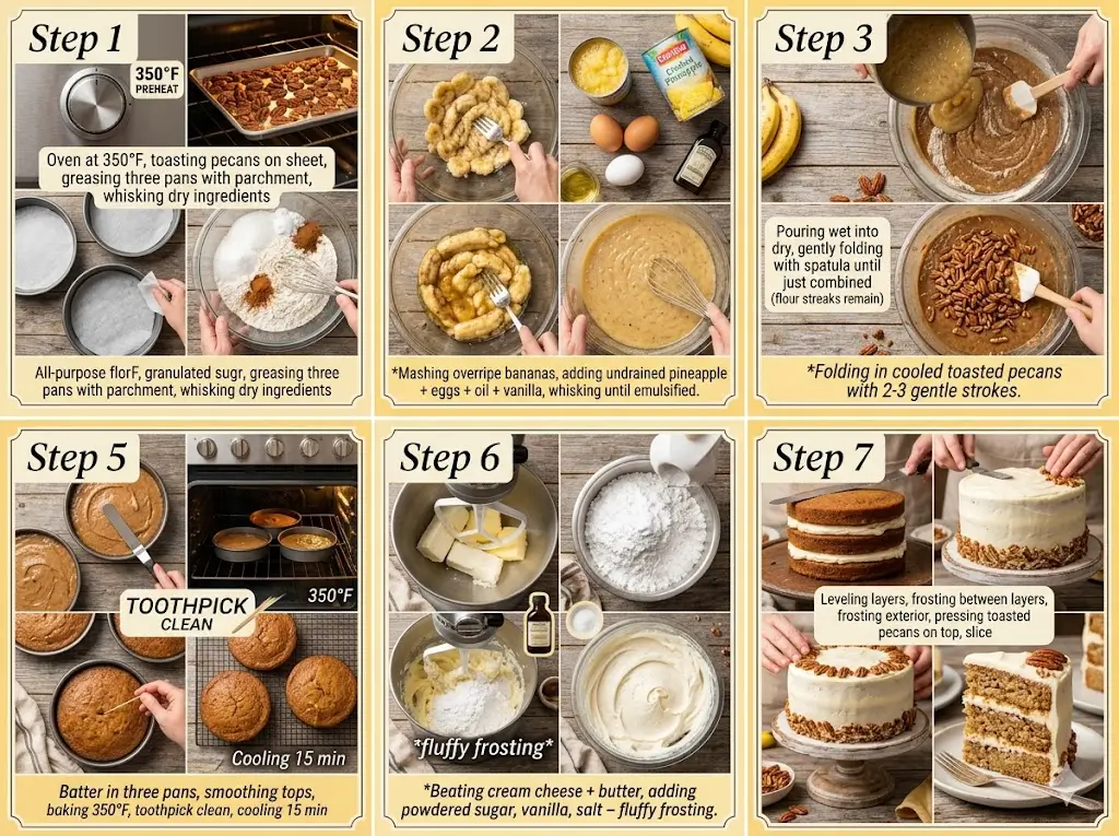 4:3 aspect ratio. Seven-panel step-by-step baking guide grid for Hummingbird Cake. Warm yellow and cream background with thin borders. Each panel labeled Step 1-7.*

Panel 1: Oven at 350°F, toasting pecans on sheet, greasing three pans with parchment, whisking dry ingredients.
*Panel 2: Mashing overripe bananas, adding undrained pineapple + eggs + oil + vanilla, whisking until emulsified.*
Panel 3: Pouring wet into dry, gently folding with spatula until just combined (flour streaks remain).
*Panel 4: Folding in cooled toasted pecans with 2-3 gentle strokes.*
Panel 5: Batter in three pans, smoothing tops, baking 350°F, toothpick clean, cooling 15 min.
*Panel 6: Beating cream cheese + butter, adding powdered sugar, vanilla, salt – fluffy frosting.*
Panel 7: Leveling layers, frosting between layers, frosting exterior, pressing toasted pecans on top, slice.

Warm bright lighting. Banana and pecan accents. Southern rustic aesthetic. 4:3 ratio.